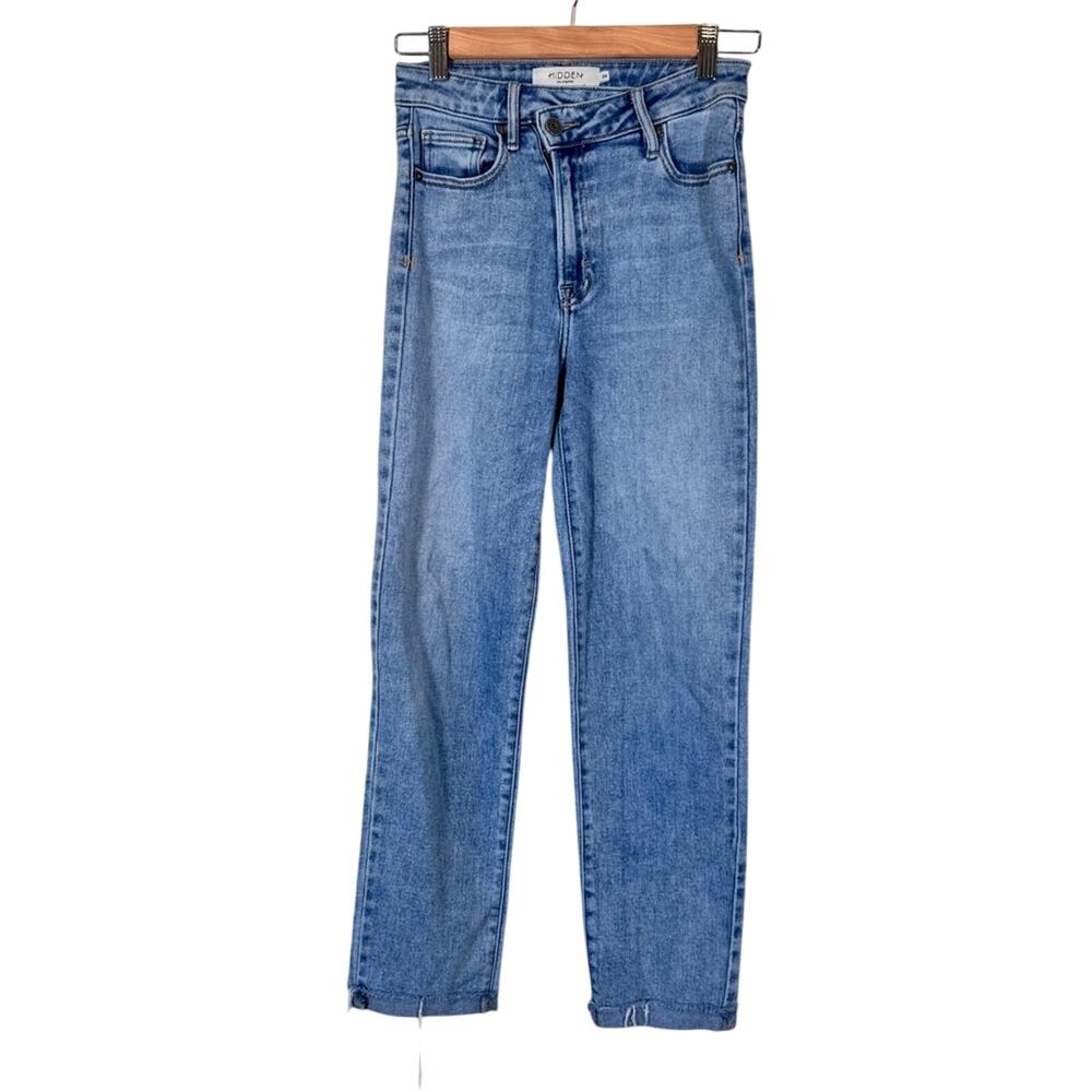 Hidden Blue High Rise Straight Leg Jeans Womens 24 Asymmetrical Closure Denim
